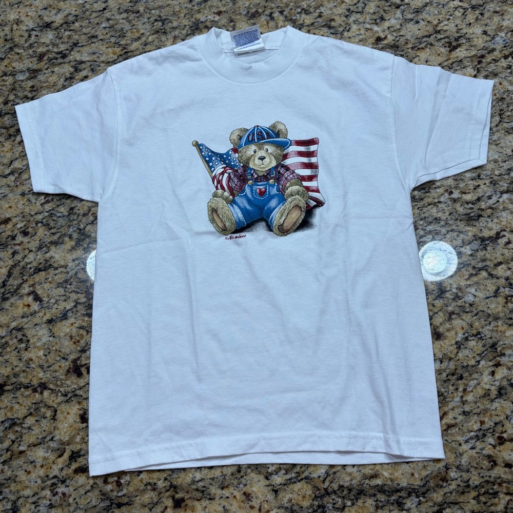 Vintage Hanes Heavyweight USA Teddy Bear Flag T-Shirt Youth Medium White v